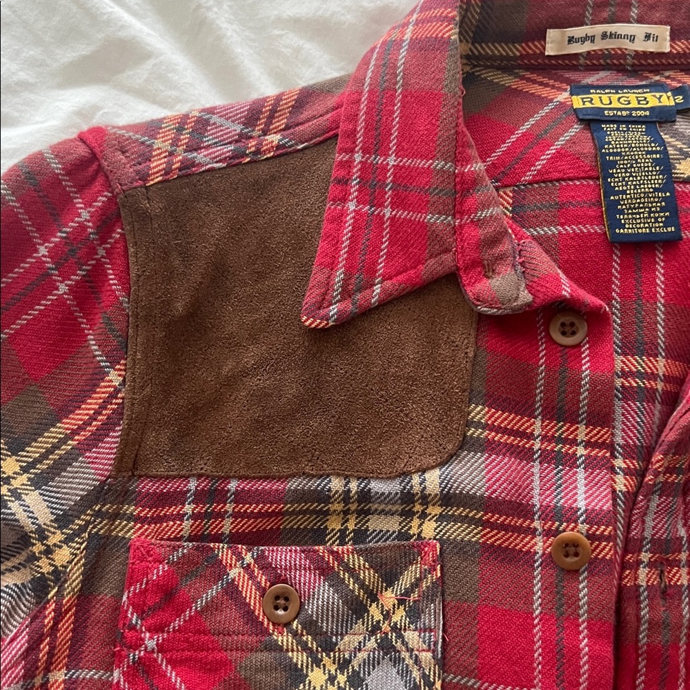 Ralph Lauren Rugby vintage Red Plaid Shirt with Brown suede Patch - Picture 3 of 3